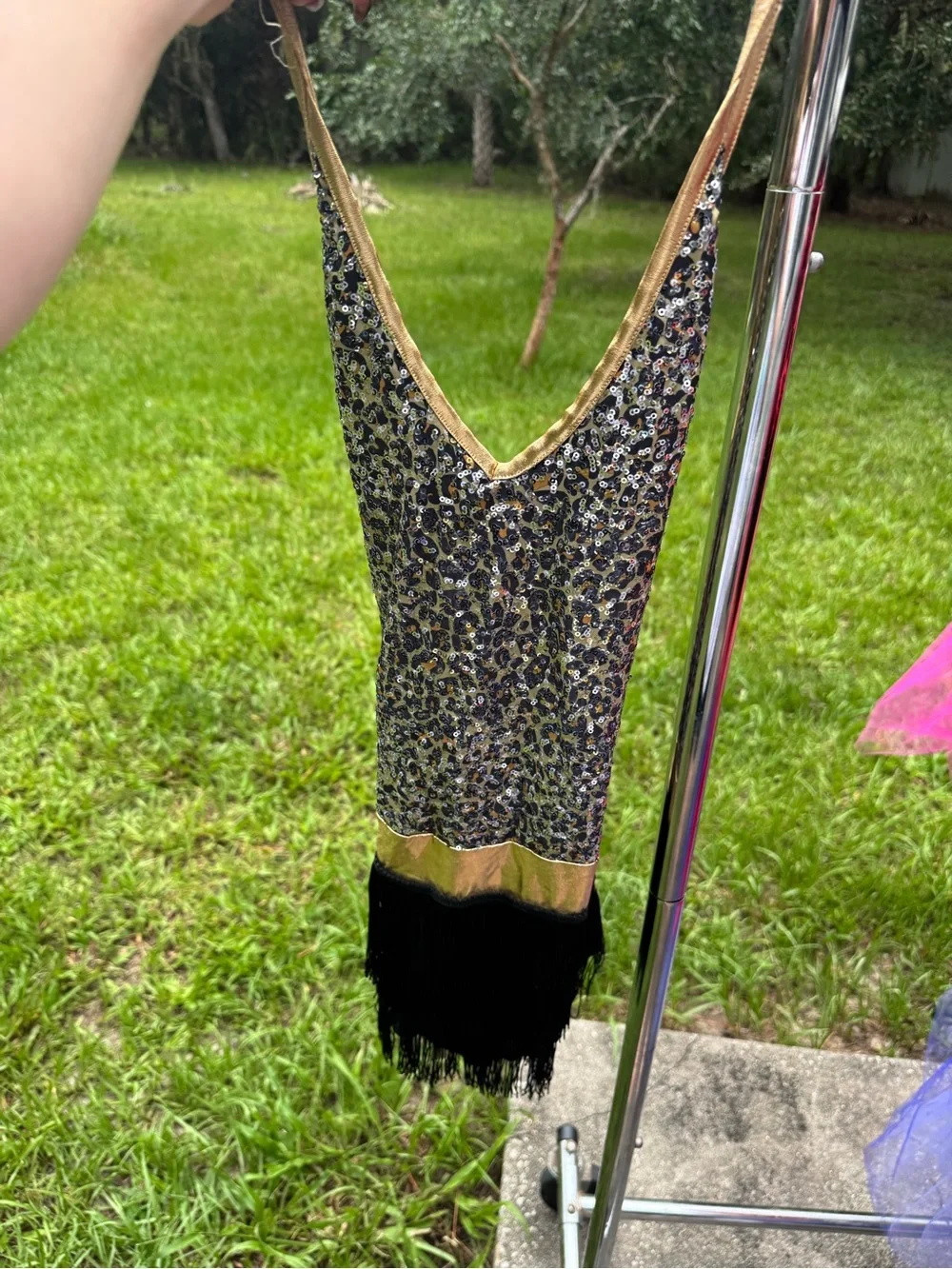 Sequin Leopard Print Fringe Mini Dress with Gold Trim dance costume